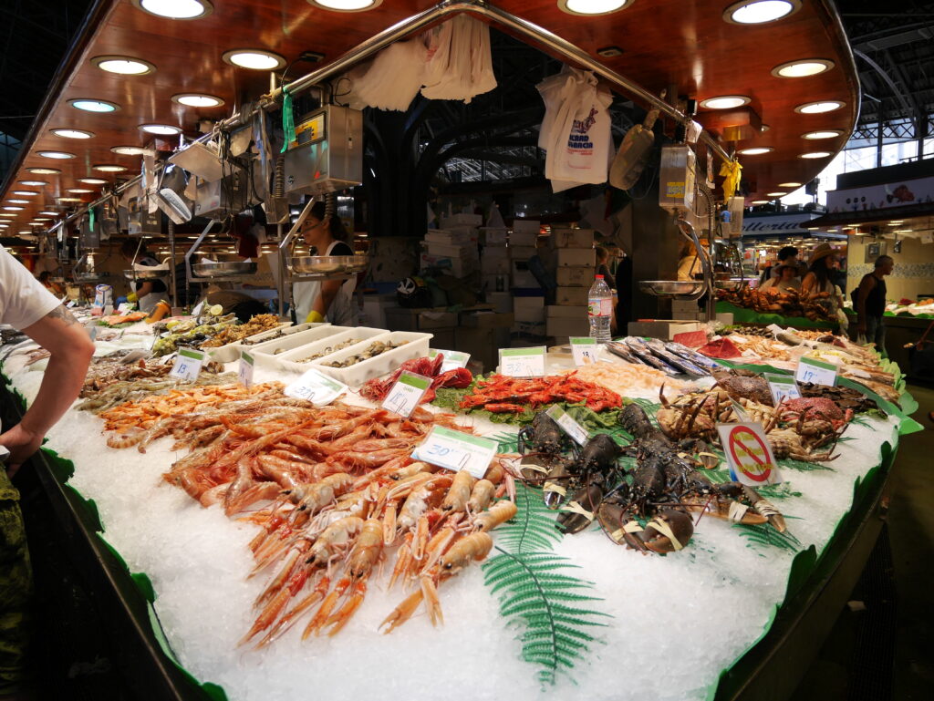 魚のエリアには当日水揚げされたばかりの新鮮な魚が並ぶ